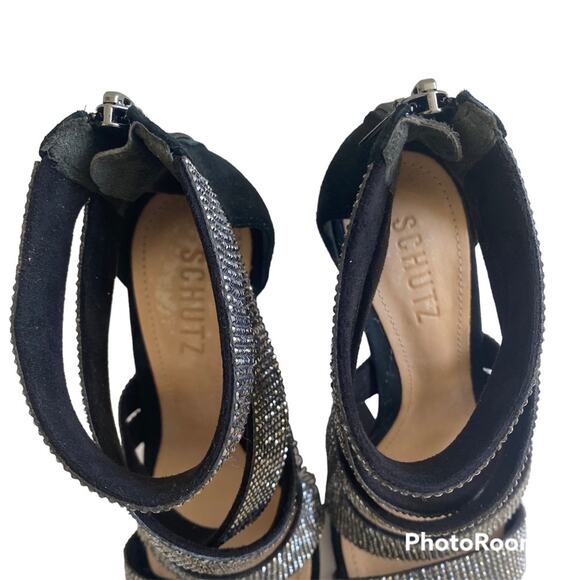 SCHUTZ Jia Black Metallic Gladiator Strappy Stiletto Heels Size 6.5 - Picture 7 of 9